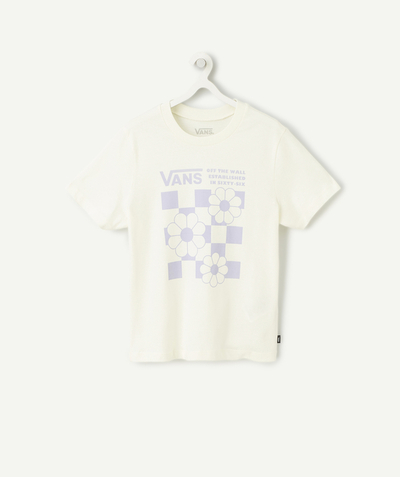 T-shirt - Shirt Nouvelle Arbo   C - GIRLS' CREAM T-SHIRT WITH PURPLE FLOWERS AND A CHECKED PATTERN