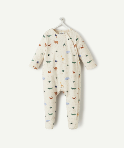 Pyjamas Tao Categories - baby sleeping bag in ecru organic cotton with animal print