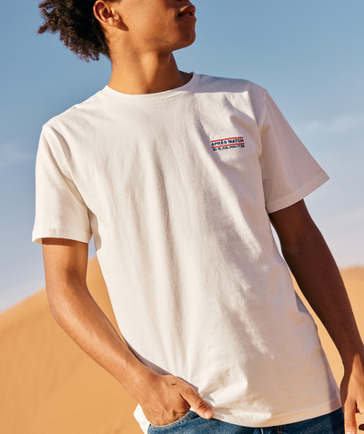 Nastolatek Kategorie TAO - Koszulka chłopięca z białej bawełny organicznej z wyhaftowaną wiadomością meczową