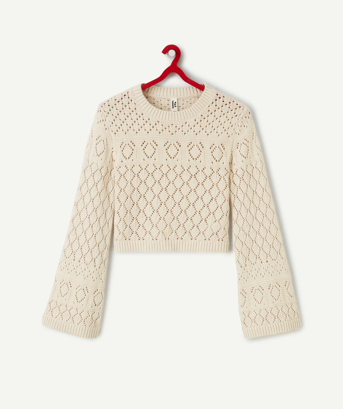 Pullover - Cardigan Tao Categories - GIRL'S CROCHET SWEATER IN BEIGE COTTON WITH LONG SLEEVES