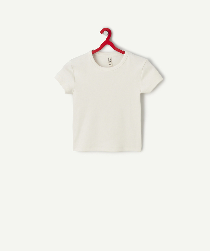 Dziewczynka Kategorie TAO - Koszulka z krótkim rękawem dla dziewczynek z prążkowanej bawełny organicznej w kolorze ecru