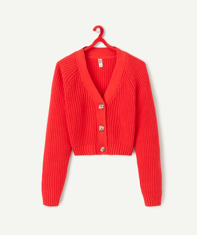 Clothing Tao Categories - red girl's long-sleeved knitted cardigan