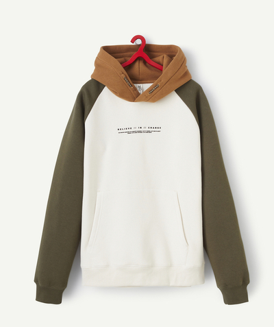Sweatshirt Tao Categories - KHAKI AND BROWN RECYCLED FIBER BOY HOODIE WITH MESSAGE