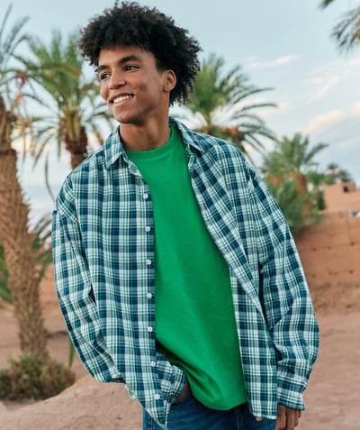 Campus spirit Tao Categories - BOY'S LONG-SLEEVED CHECK SHIRT IN BLUE AND GREEN ORGANIC COTTON