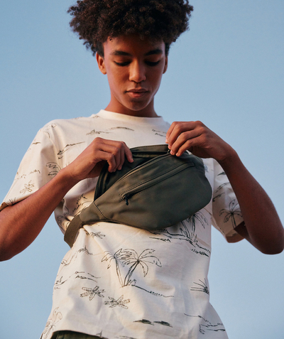 Nastolatek Kategorie TAO - Koszulka chłopięca z krótkim rękawem z bawełny organicznej w kolorze ecru z nadrukiem palmy