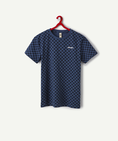Tee-shirt, shirt, polo Tao Categories - organic cotton boy's short-sleeved t-shirt with checkerboard print and message