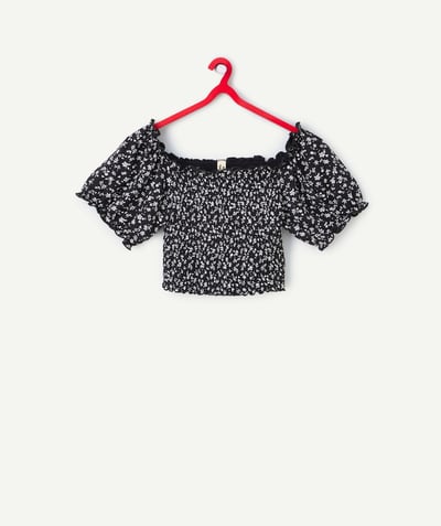 Collection Cérémonie Categories Tao - t-shirt manches courtes fille viscose responsable noir imprimé à fleurs