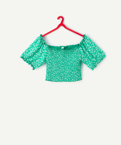 Kolekcja na Specjalne Okazje Kategorie TAO - Koszulka z krótkim rękawem dla dziewczynek z zielonej wiskozy z kwiatowym nadrukiem