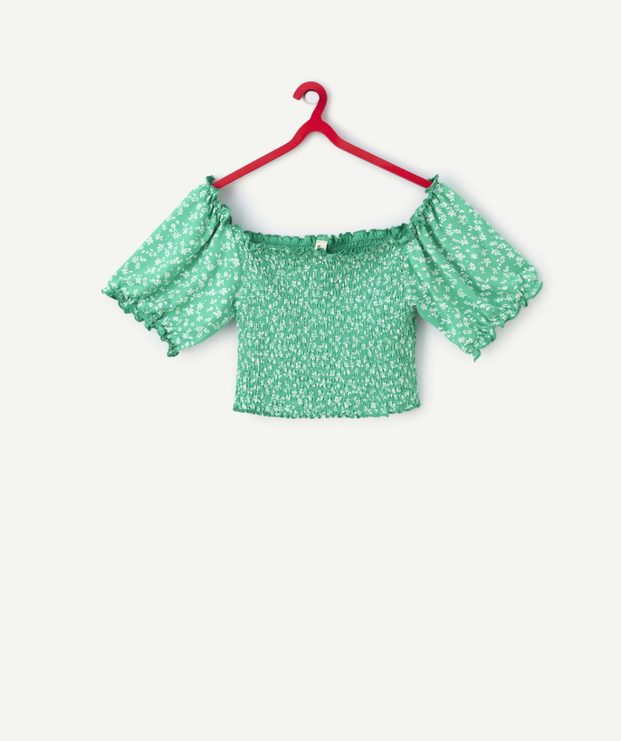 Tiener meisje Tao Categorieën - T-shirt met korte mouwen voor meisjes in groene viscose met bloemenprint