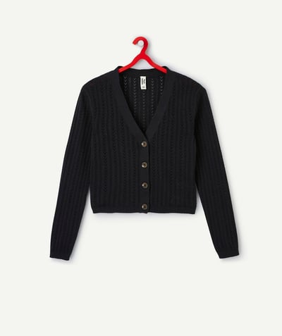Swetry - Bluzy - rozpinane Kategorie TAO - Czarny ażurowy kardigan dla dziewczynek z bawełny organicznej z dekoltem w szpic