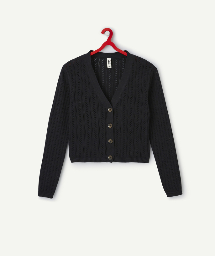 Trui - Sweatshirt - Gilet Tao Categorieën - zwart opengewerkt vest met v-hals van biologisch katoen voor meisjes