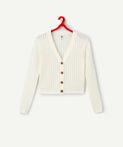 Swetry - Bluzy - rozpinane Kategorie TAO - Ażurowy kardigan dziewczęcy z białej bawełny organicznej z dekoltem w szpic