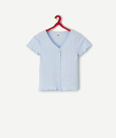 New colour palette Tao Categories - SHORT-SLEEVED ORGANIC COTTON T-SHIRT FOR GIRLS, BLUE AND RIBBED