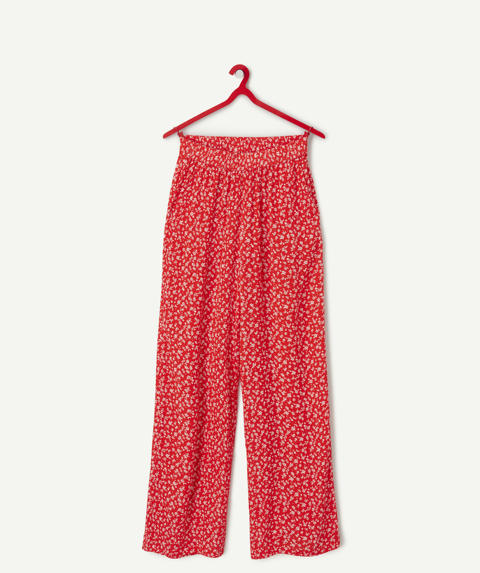 Dziewczynka Kategorie TAO - Dziewczęce spodnie z szerokimi nogawkami z czerwonej wiskozy z kwiatowym nadrukiem