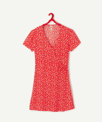 Dress Tao Categories - girl's viscose wrap dress with red floral print