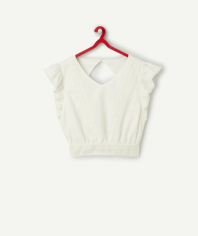 Colección Ceremonia Categorías TAO - blusa de niña de algodón crudo con detalles de broderie anglaise y volantes