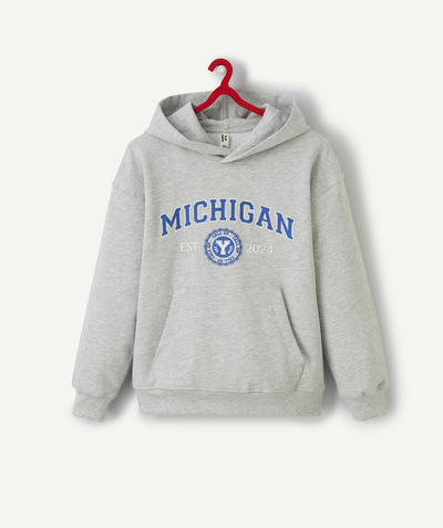 Teen boy Tao Categories - BOY'S GREY RECYCLED FIBER HOODIE WITH CAMPUS MESSAGE