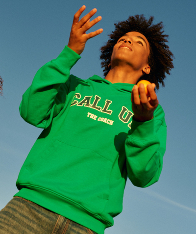New collection Tao Categories - BOY'S GREEN ORGANIC COTTON HOODIE WITH CAMPUS-STYLE MESSAGE