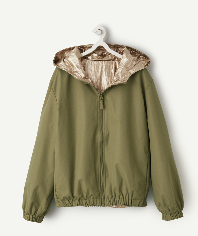 Coat - Padded jacket - Jacket Tao Categories - reversible khaki and iridescent girl's hooded windbreaker