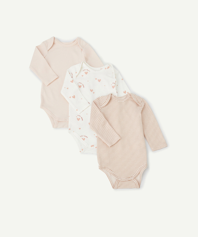 Bodysuit Tao Categories - SET OF 3 BABY BODYSUITS IN PLAIN AND PRINTED WHITE AND PINK ORGANIC COTTON