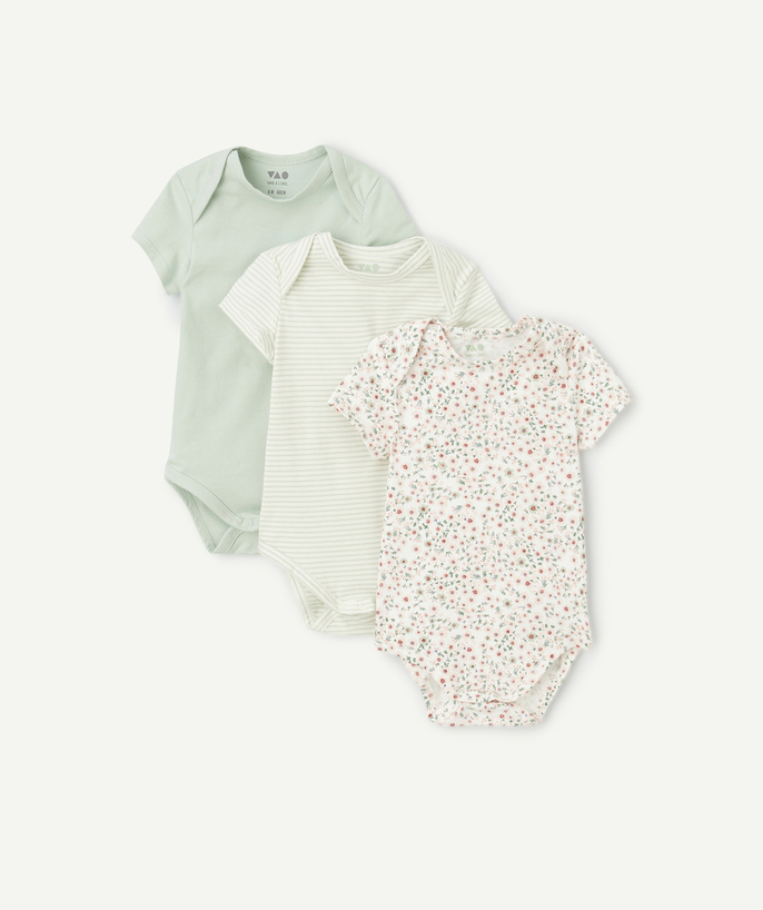 Essentials : 50% off 2nd item* Tao Categories - SET OF 3 ORGANIC COTTON BABY BODYSUITS WITH FLORAL AND STRIPE PRINTS