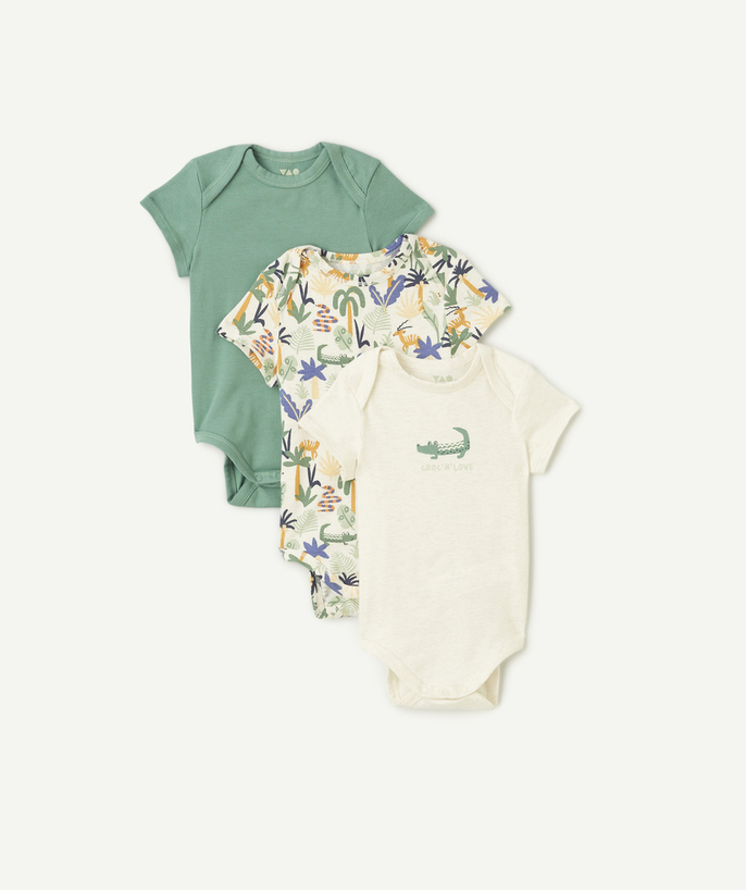 Newborn Tao Categories - set of 3 baby bodysuits in plain green organic cotton with crocodile print