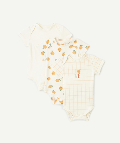ECODESIGN Tao Categories - set of 3 organic cotton bodysuits, plain and printed with a fruit theme