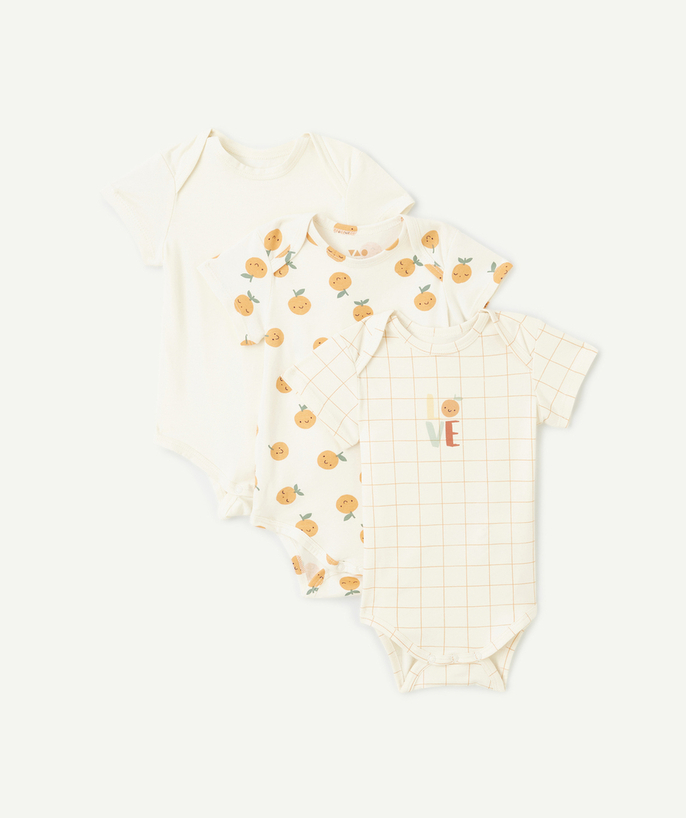 Essentials : 50% off 2nd item* Tao Categories - set of 3 organic cotton bodysuits, plain and printed with a fruit theme