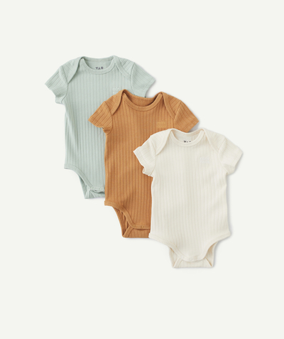 New collection Tao Categories - SET OF 3 SHORT-SLEEVED BABY BODYSUITS IN RIBBED ORGANIC COTTON WITH MESSAGES