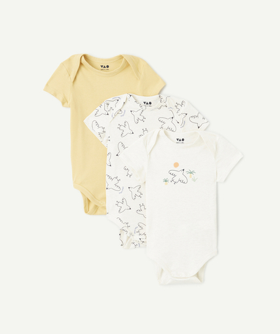 New collection Tao Categories - set of 3 baby bodysuits in plain yellow organic cotton with bird print