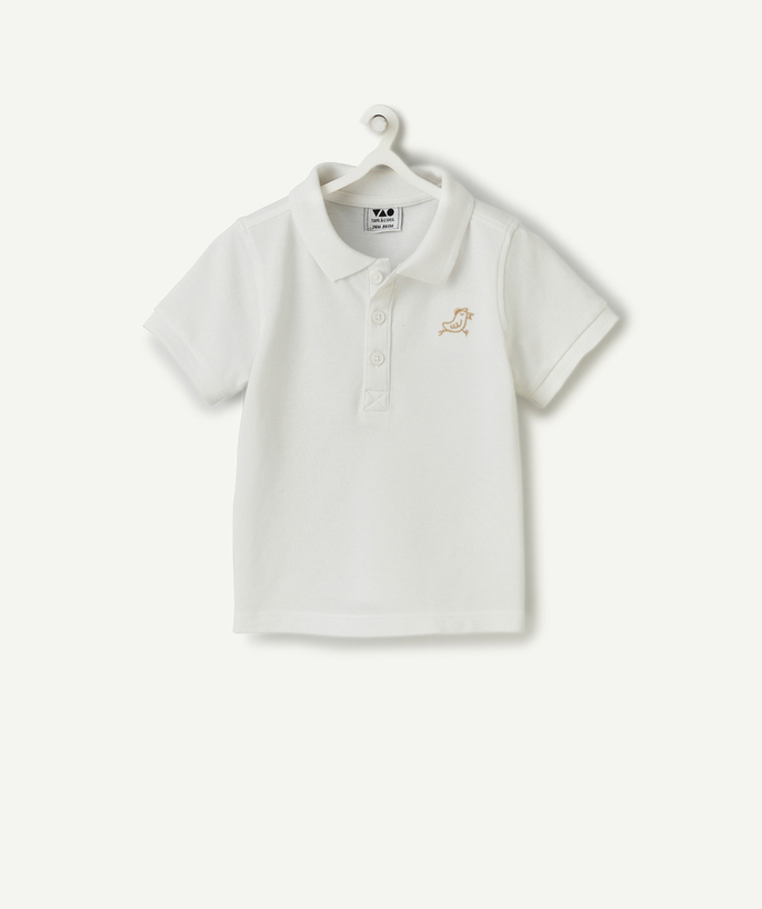 Shirt and polo Tao Categories - 100% WHITE COTTON BABY BOY SHORT-SLEEVED POLO WITH EMBROIDERED BIRD