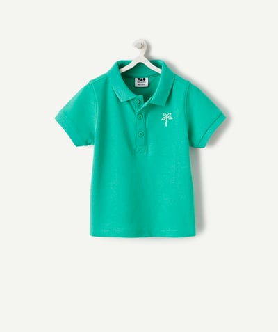 Koszule i koszulki Polo Kategorie TAO - Chłopięca koszulka polo z krótkim rękawem z zielonej bawełny organicznej z haftem