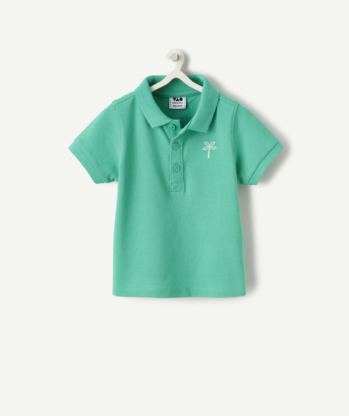 Ubrania Kategorie TAO - Chłopięca koszulka polo z krótkim rękawem z zielonej bawełny organicznej z haftem