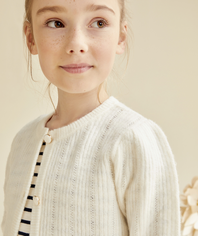 Girl Tao Categories - GIRL'S CARDIGAN IN OPENWORK KNIT AND ECRU RECYCLED FIBERS WITH BUTTONS