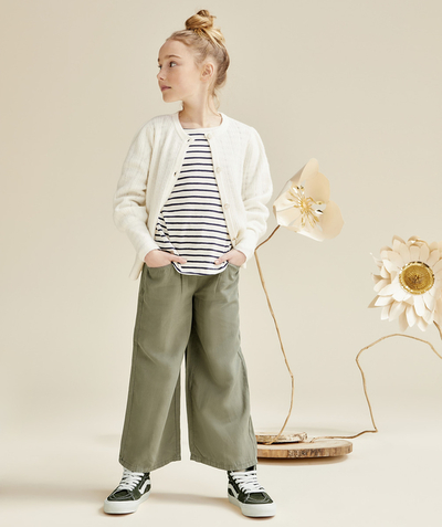 Trousers - jogging pants Tao Categories - KHAKI VISCOSE WIDE-LEG PANTS WITH BOW FOR GIRLS