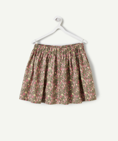 New colour palette Tao Categories - GIRL'S SKIRT IN ORGANIC KHAKI COTTON WITH FLOWER PRINT AND GATHERS
