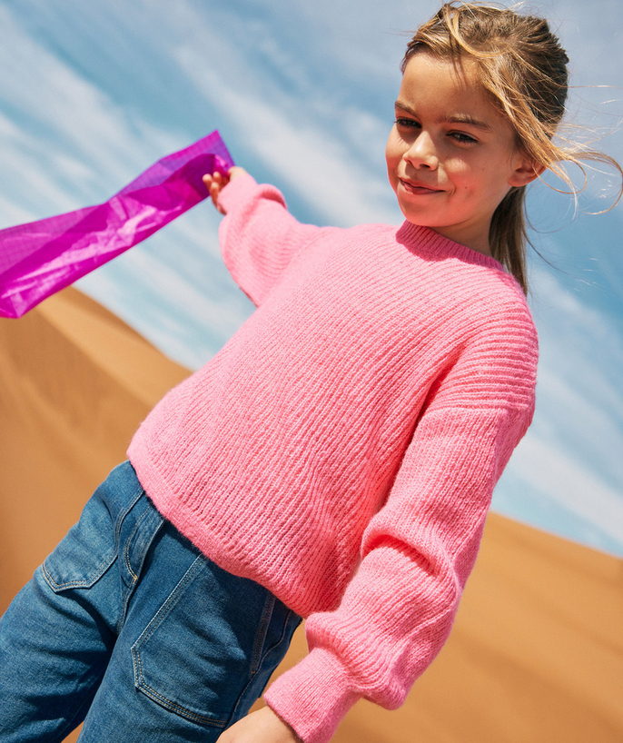 Pullover - Cardigan Tao Categories - LONG-SLEEVED PINK KNIT SWEATER FOR GIRLS