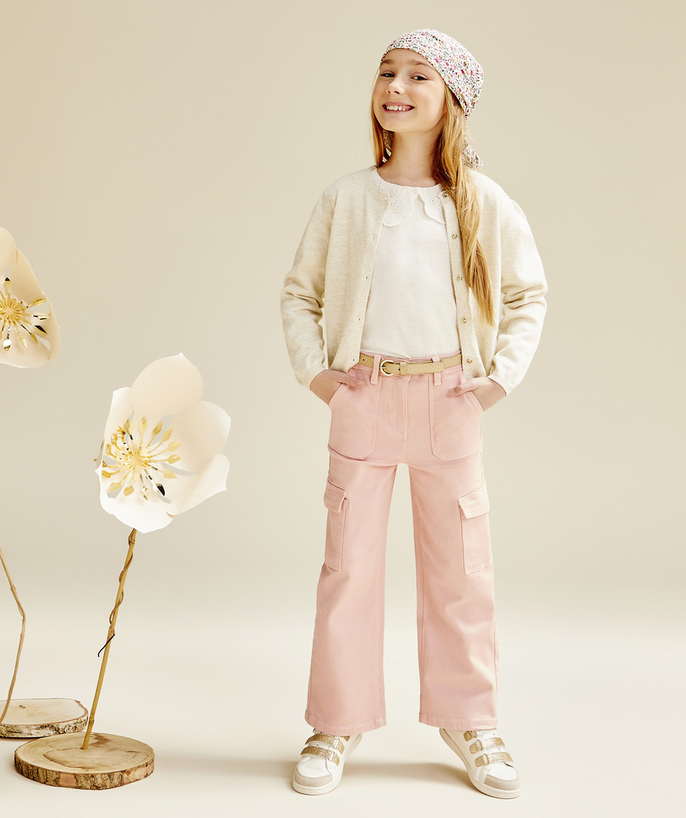 Trousers - jogging pants Tao Categories - GIRL'S WIDELEG PANTS IN PINK RECYCLED FIBER WITH CARGO POCKETS
