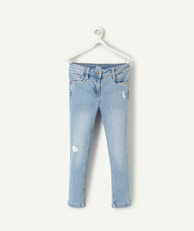 Jeans Tao Categories - LOW-IMPACT SLIM-FIT GIRL'S PANTS IN WORN-EFFECT BLUE DENIM