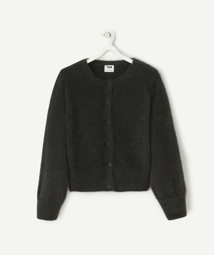 Swetry - Swetry rozpinane Kategorie TAO - Czarny dziewczęcy kardigan z długim rękawem z miękkiego materiału