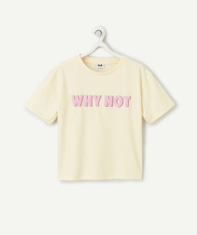 T-shirt - sous-pull Categories Tao - t-shirt manches courtes fille en coton bio jaune avec message en relief