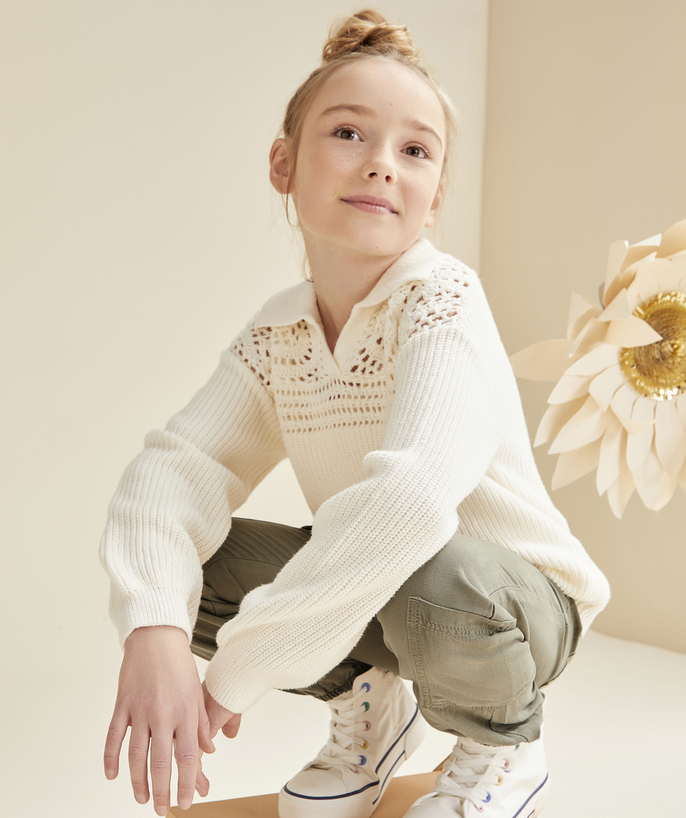 Girl Tao Categories - ECRU GIRL'S KNITTED AND CROCHETED SWEATER WITH COLLAR