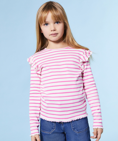 Low-priced looks Tao Categories - GIRL'S RIBBED T-SHIRT IN PINK STRIPED BION COTTON WITH RUFFLES