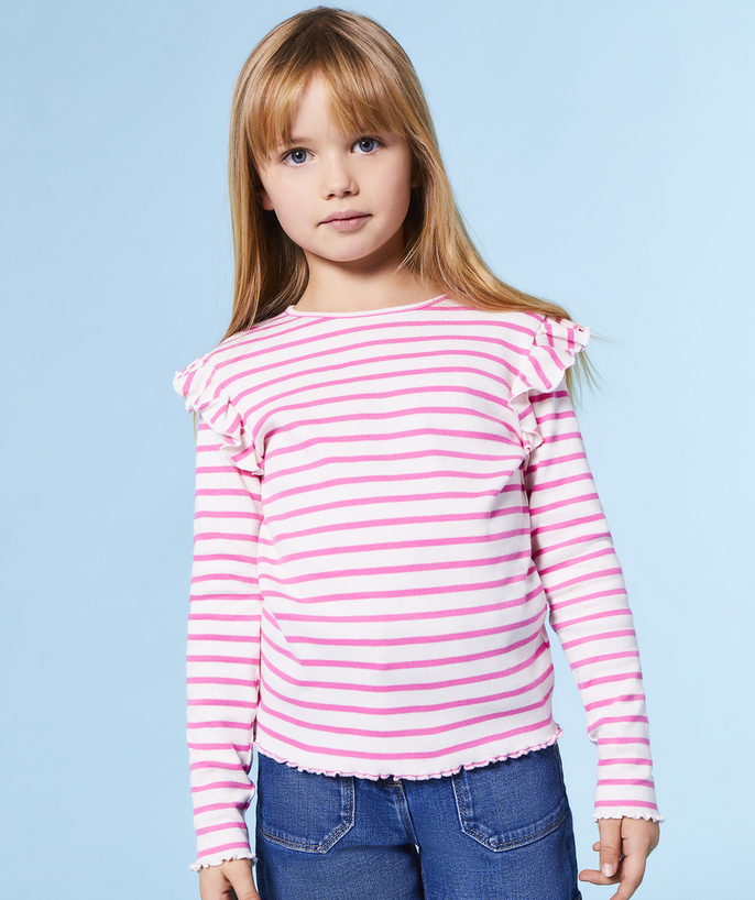 T-shirt - undershirt Tao Categories - GIRL'S RIBBED T-SHIRT IN PINK STRIPED BION COTTON WITH RUFFLES