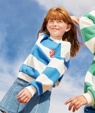 Sweatshirt Tao Categories - GIRL'S SWEATSHIRT IN RECYCLED FIBER WITH MAXI STRIPES AND JOY EMBROIDERED PATCH