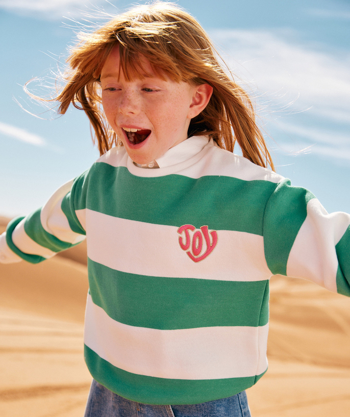 Girl Tao Categories - GIRL'S SWEATER IN RECYCLED FIBERS WITH MAXI STRIPES AND GREEN AND WHITE EMBROIDERY