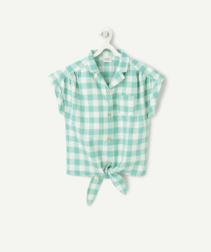 Shirt - Blouse Tao Categories - GIRL'S SHORT-SLEEVED SHIRT IN GREEN-CHECKED PRINTED COTTON
