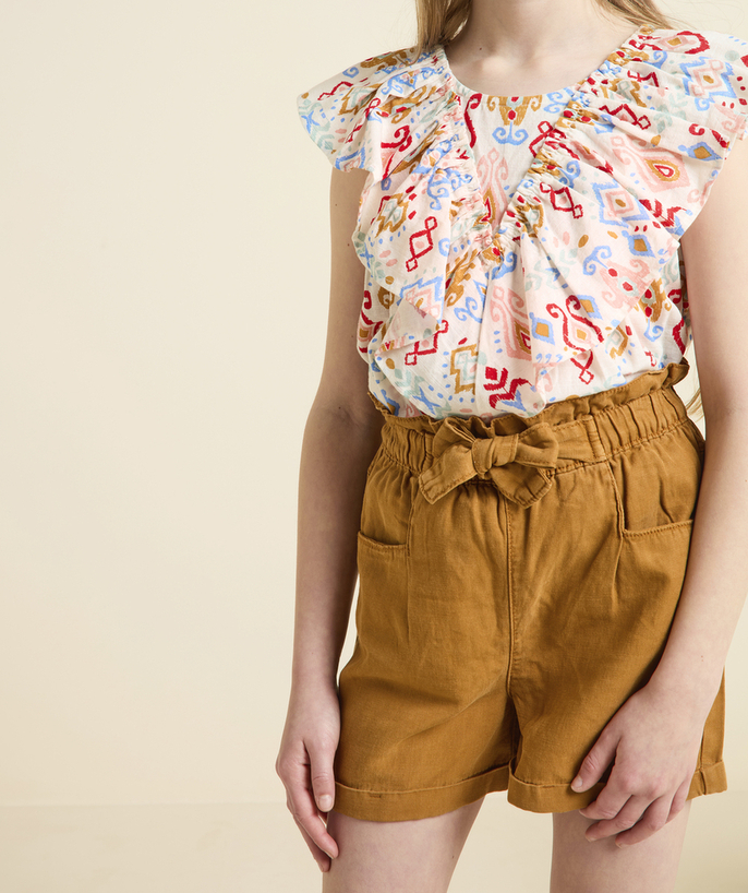 New collection Tao Categories - girl's flowing shorts in responsible brown viscose with bow