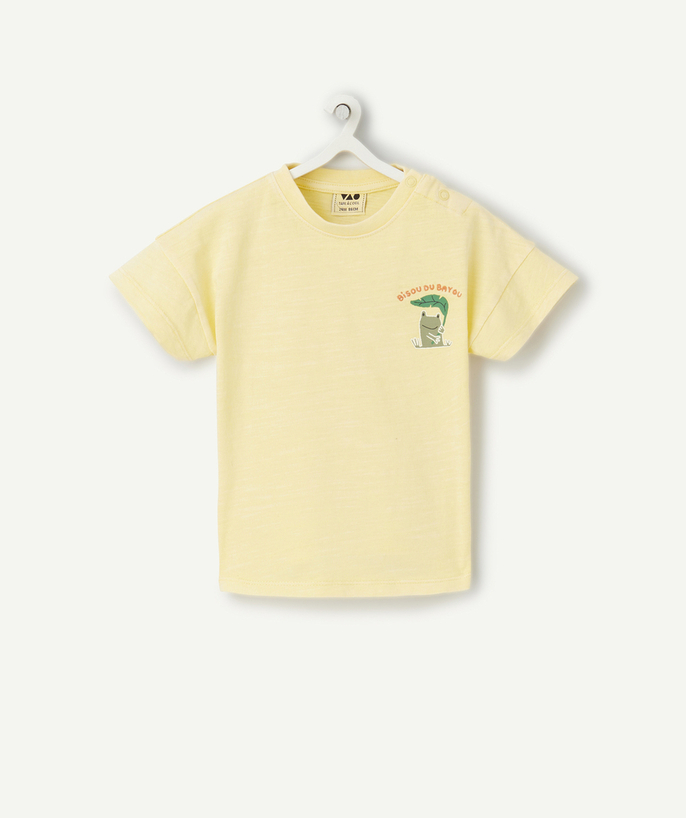 Colección Ceremonia Categorías TAO - Camiseta de bebé niño en algodón orgánico amarillo con motivo de rana
