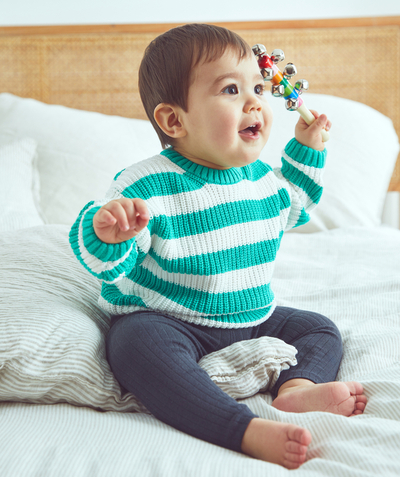 New colour palette Tao Categories - BABY BOY KNITTED SWEATER IN ORGANIC COTTON WITH GREEN STRIPES